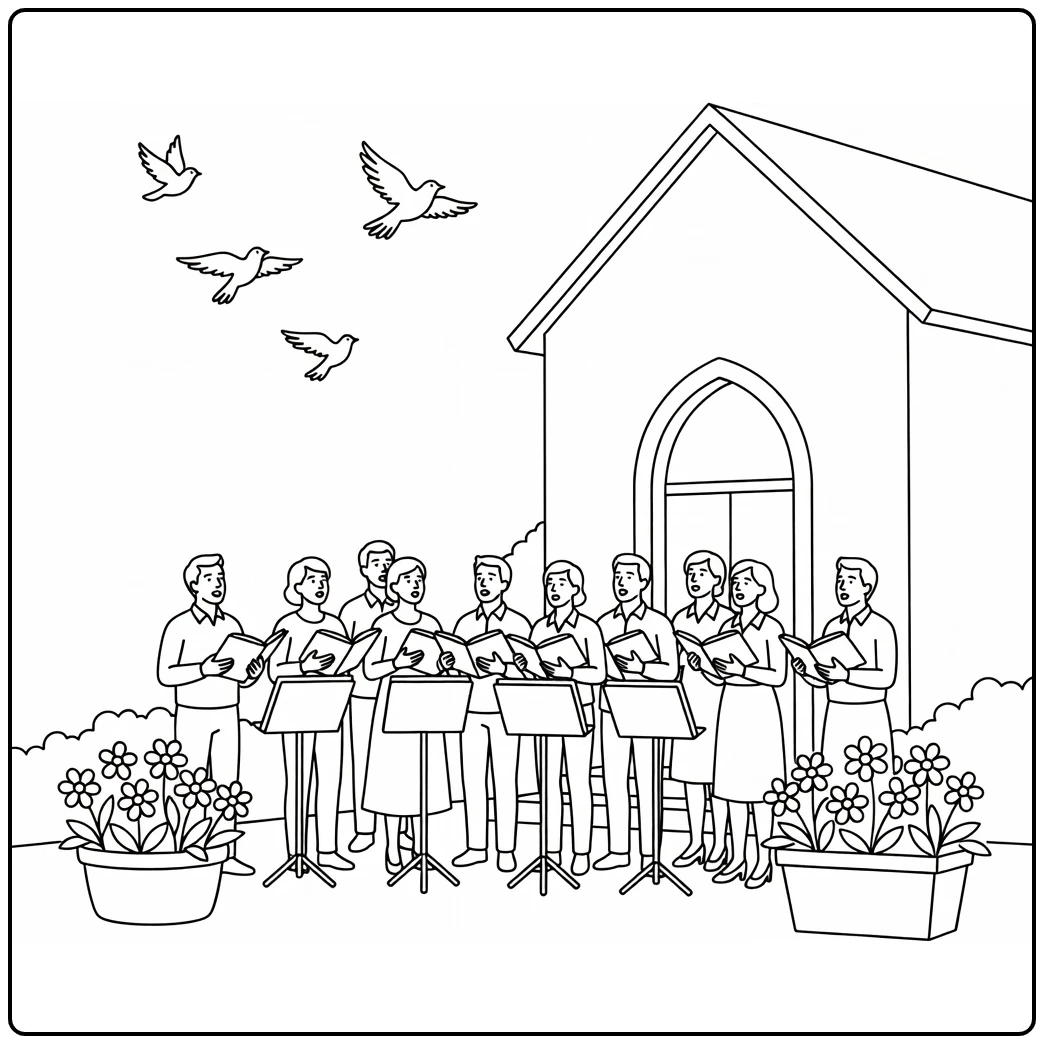 hemelvaart coloring page koor buiten kerk with flowers