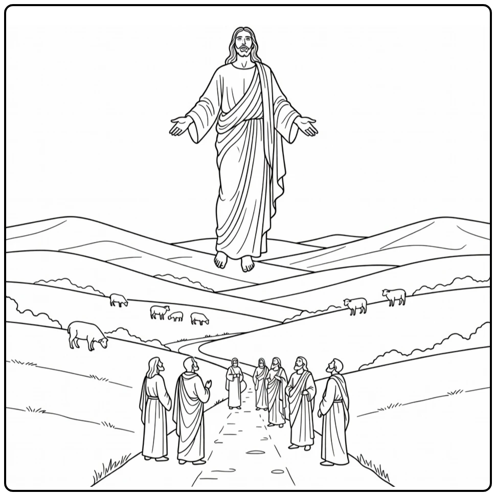 Ascension Day coloring page showing Jesus rising above the hills