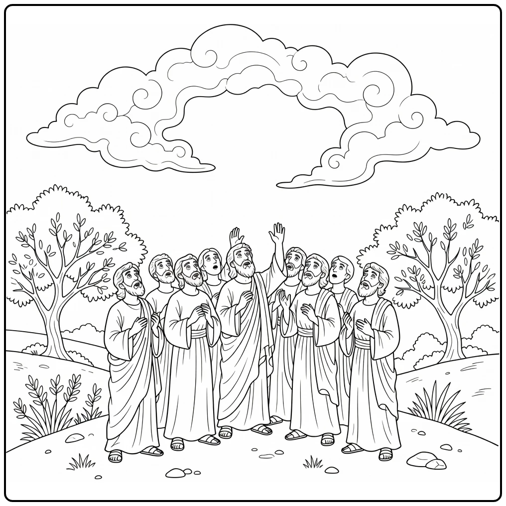 hemelvaart coloring page with discipelen olijfbomen and rocks