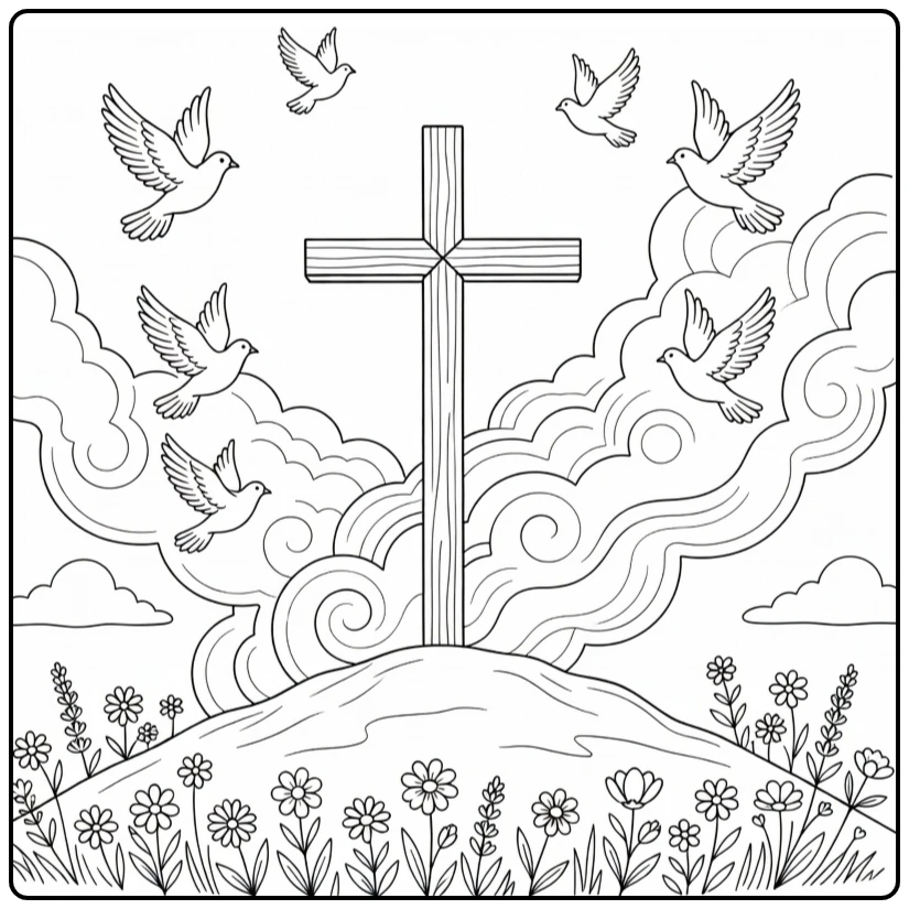 hemelvaart coloring page with hemel kruis and opstijgende doves