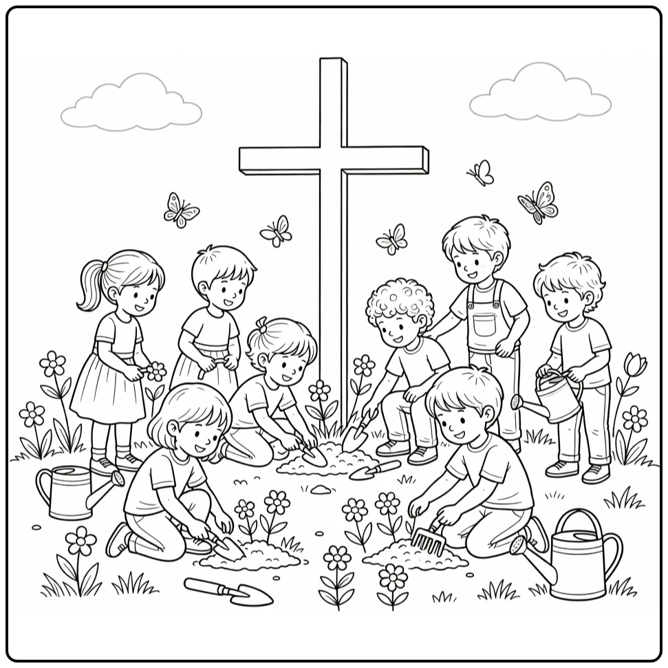 hemelvaart coloring page with children in kerktuin with kruis