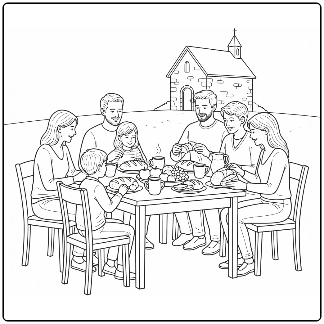 hemelvaart coloring page ontbijt families buiten with kapel