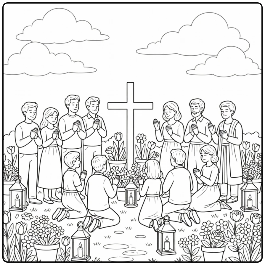hemelvaart coloring page rustige kerktuin with kruis and kaarsen