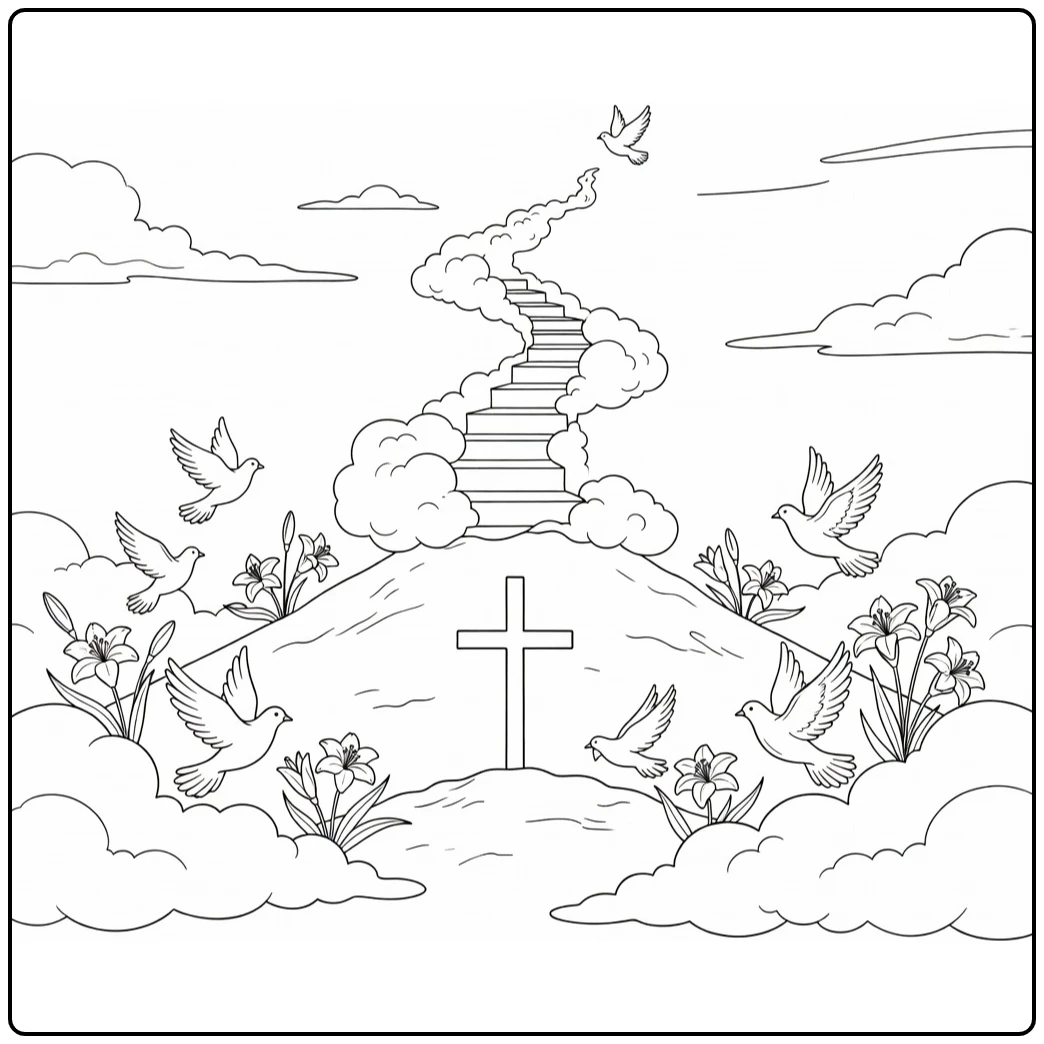 hemelvaart coloring page wolkentrap boven heuvel with kruis