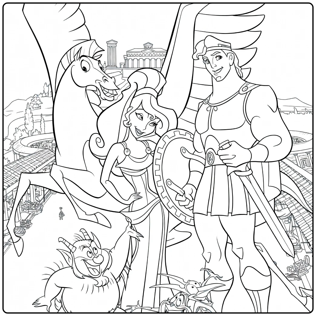 Hercules coloring page with Pegasus, Megara, and Phil