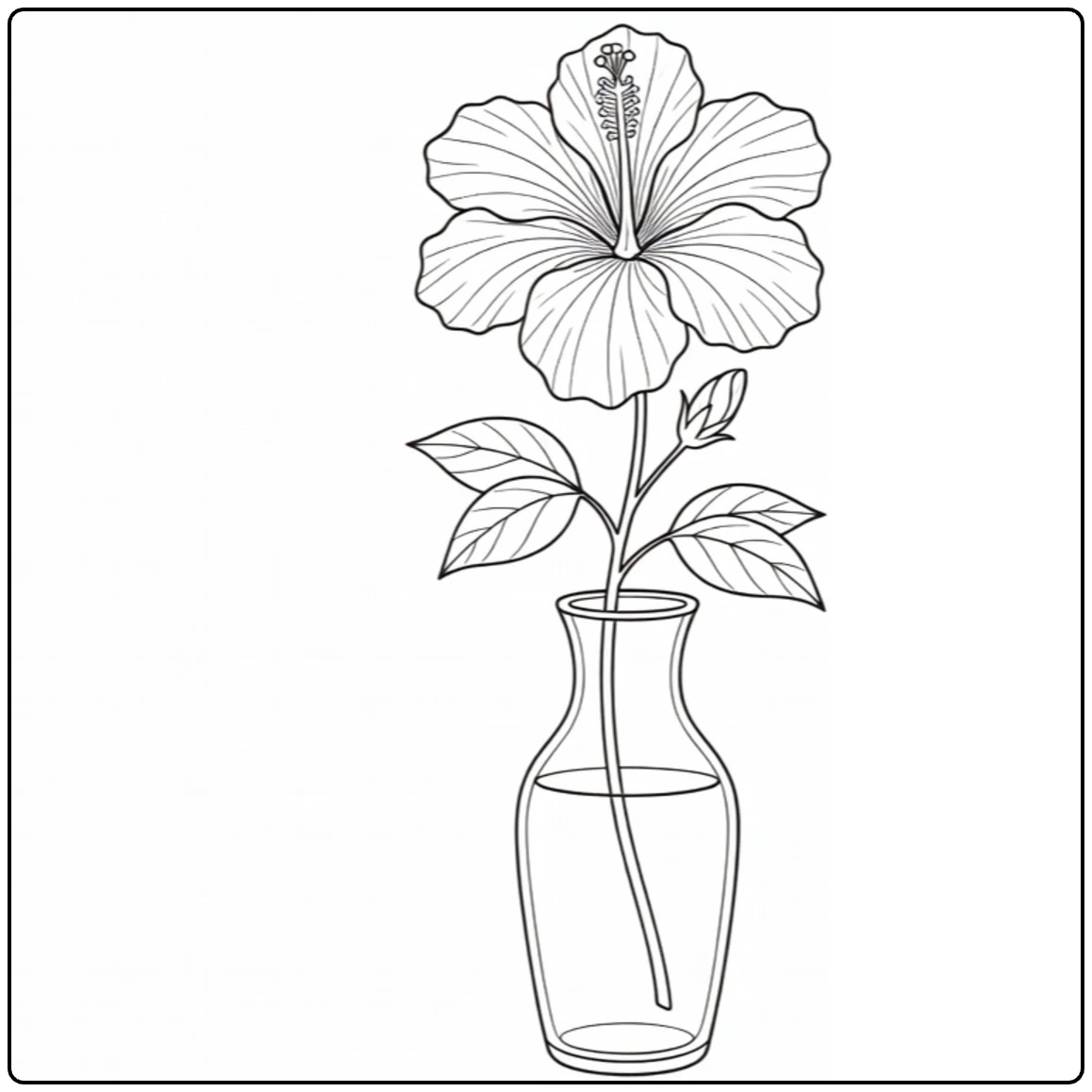 Hibiscus coloring page showing a flower in a glass vase