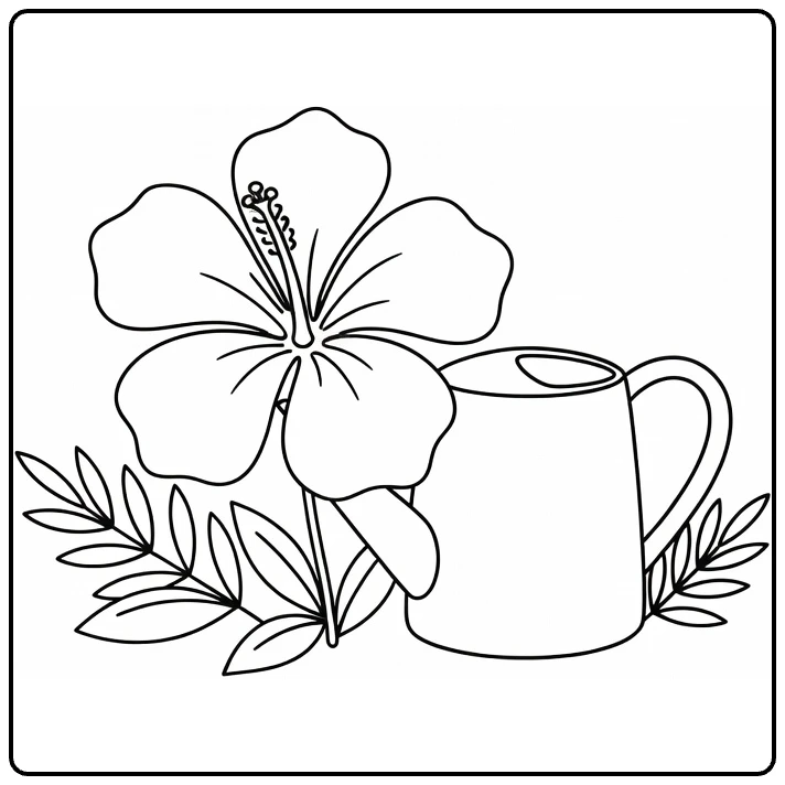 Hibiscus coloring page showing a flower beside a watering can
