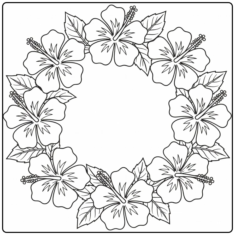 Hibiscus coloring page featuring a wreath of large flowers and leaves