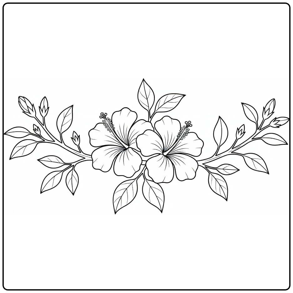 Hibiscus coloring page featuring two open flowers on a branch