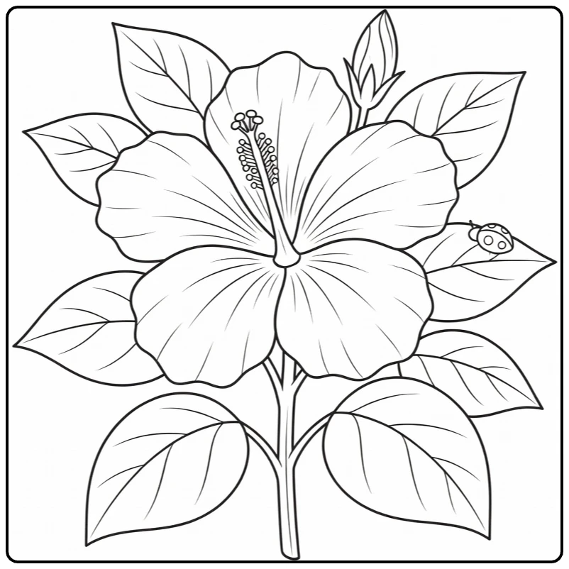 Hibiscus coloring page showing a flower and ladybug on a leaf
