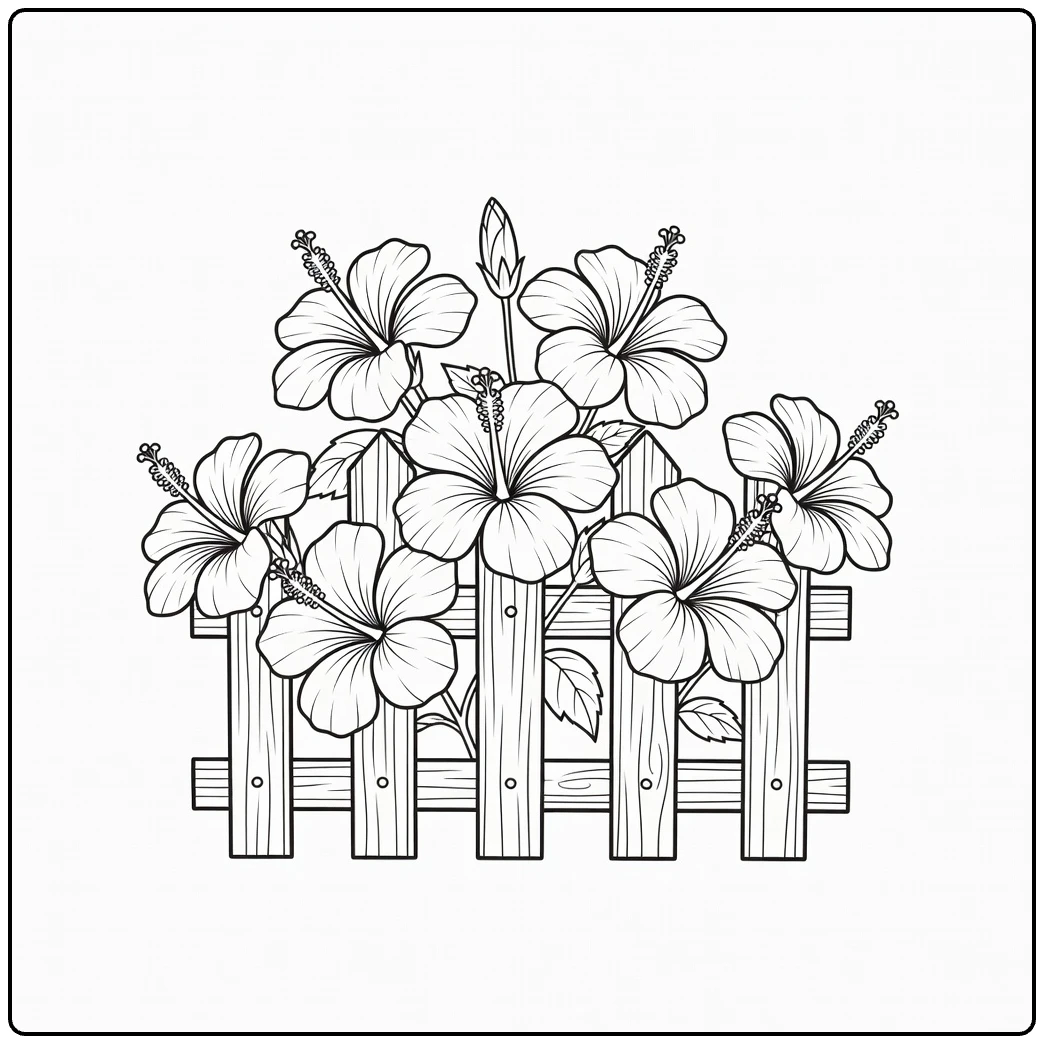 Hibiscus coloring page featuring flowers around a wooden garden fence