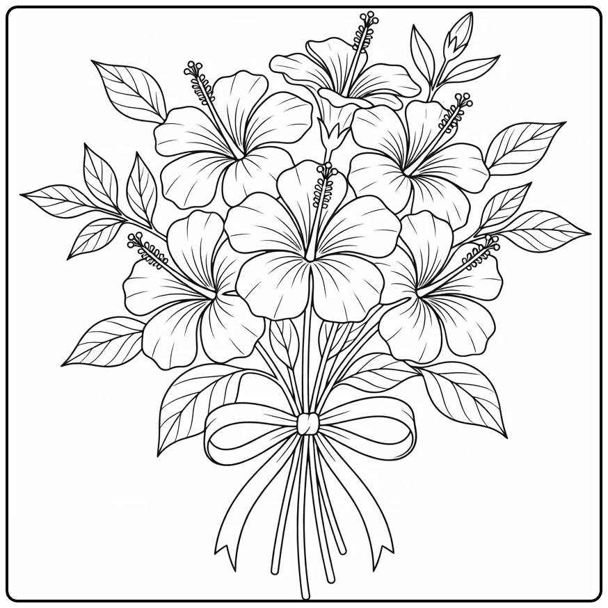 Hibiscus coloring page featuring a flower bouquet tied with ribbon