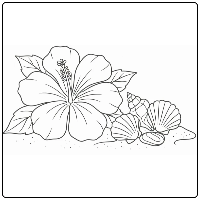 Hibiscus coloring page showing a flower and seashells on sand