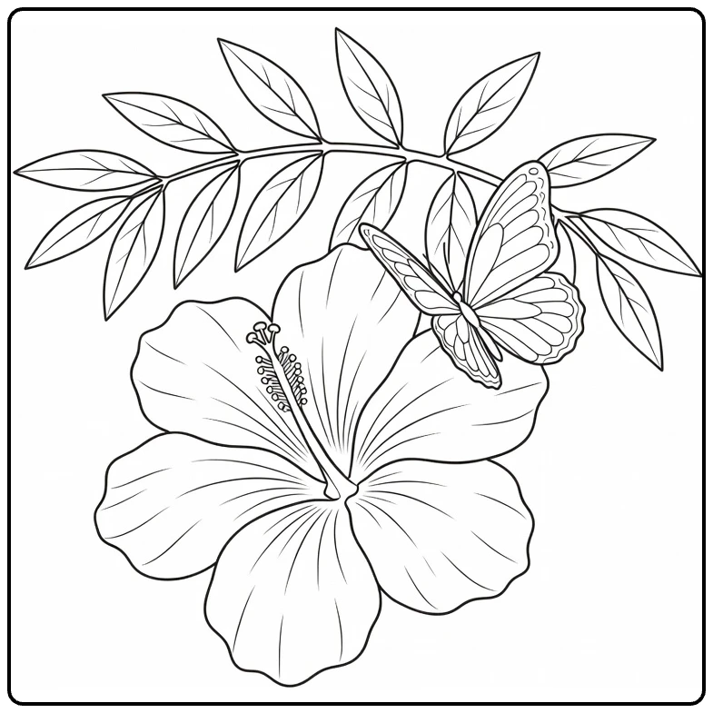 Hibiscus coloring page featuring a butterfly on a flower petal