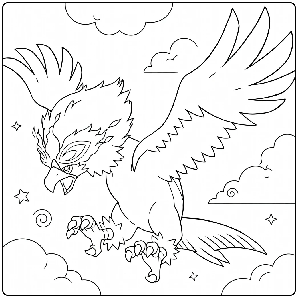 hisuian braviary coloring page in dynamische vlucht door clouds