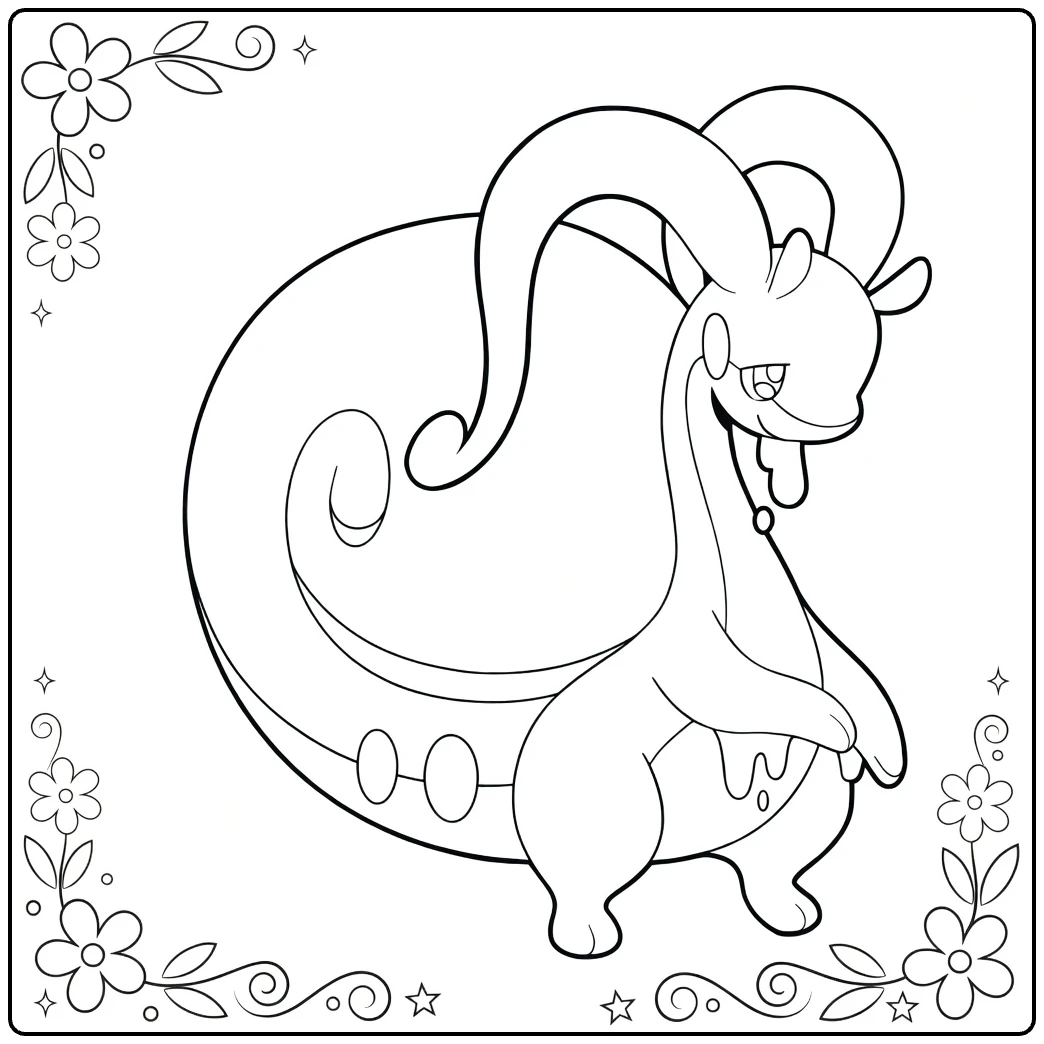 hisuian goodra coloring page with flowers and stars