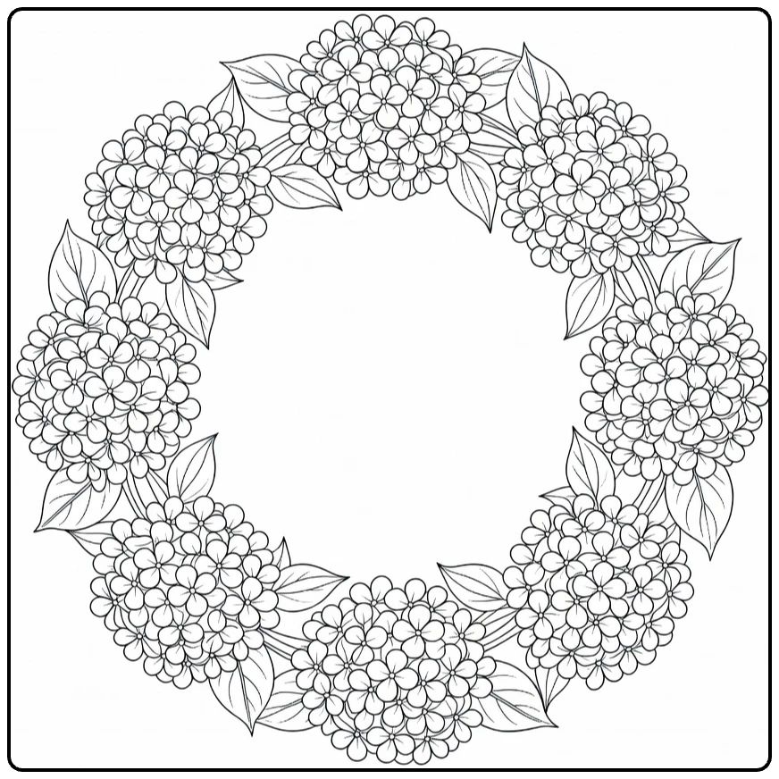 Hydrangea coloring page showing a round flower wreath