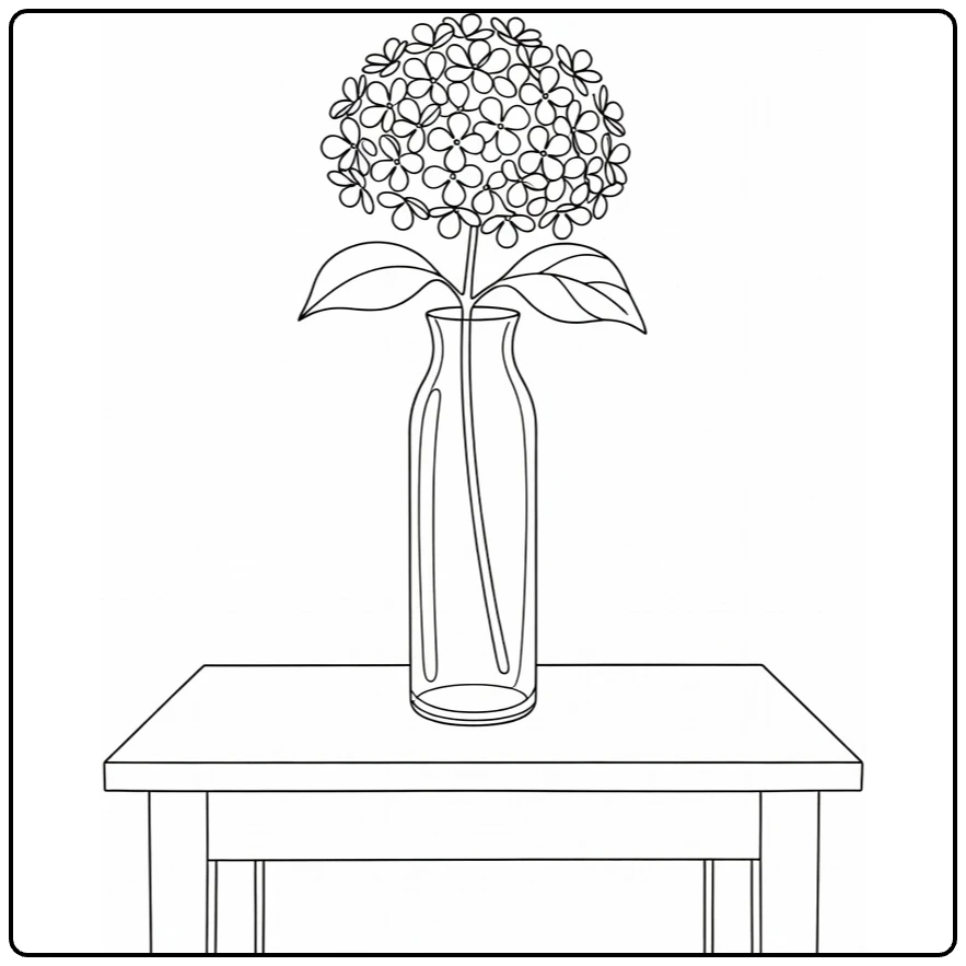 Hydrangea coloring page showing a flower in a tall vase on a table