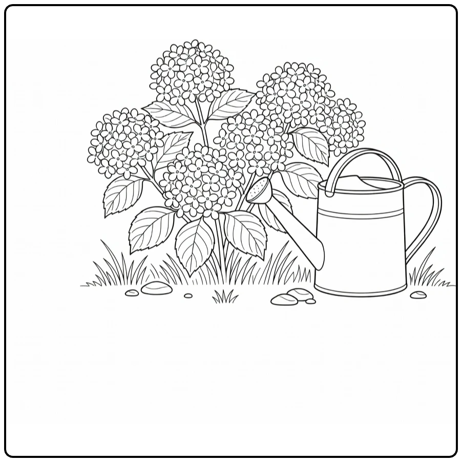 Hydrangea coloring page featuring a watering can beside blooming flowers