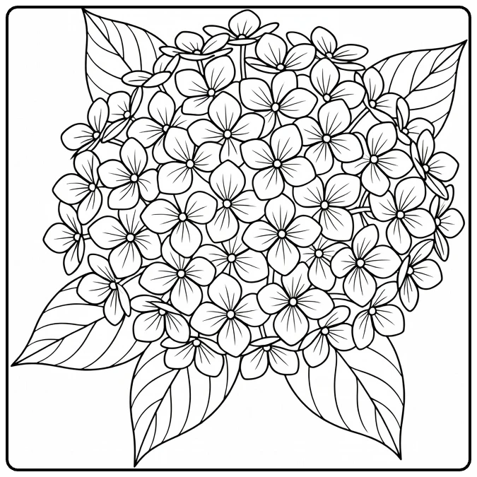Hydrangea coloring page featuring a close-up cluster of small flowers