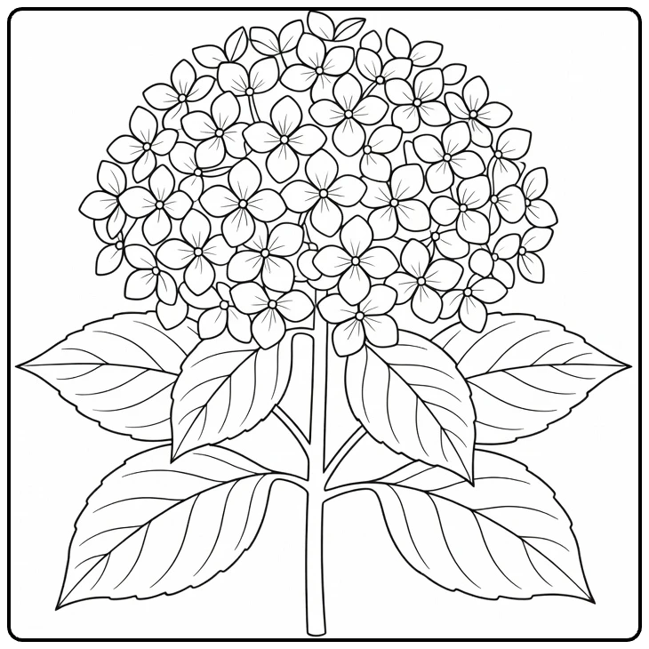Hydrangea coloring page featuring a large round bloom with leaves