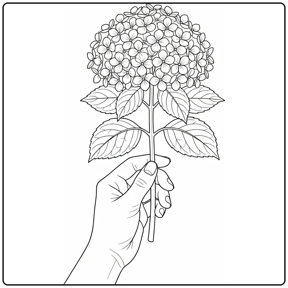 Hydrangea coloring page showing a hand holding a flower stem