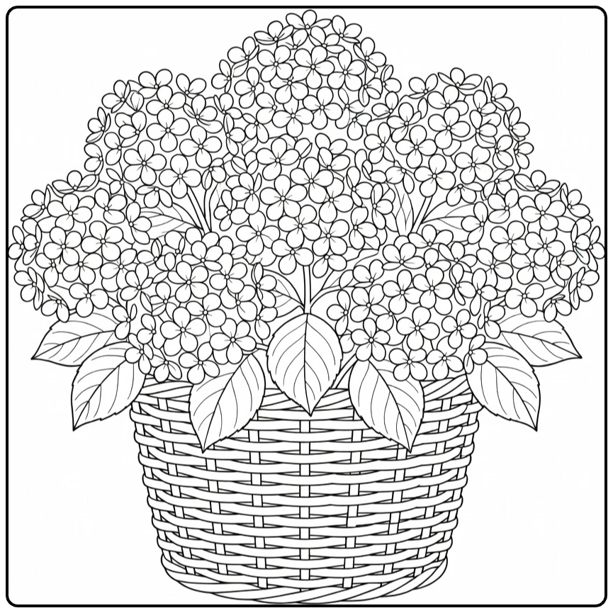 Hydrangea coloring page featuring a basket full of flowers