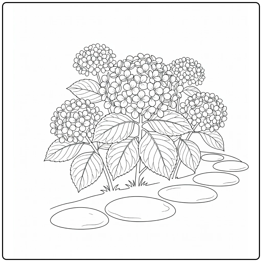 Hydrangea coloring page featuring flowers and leaves beside a garden path