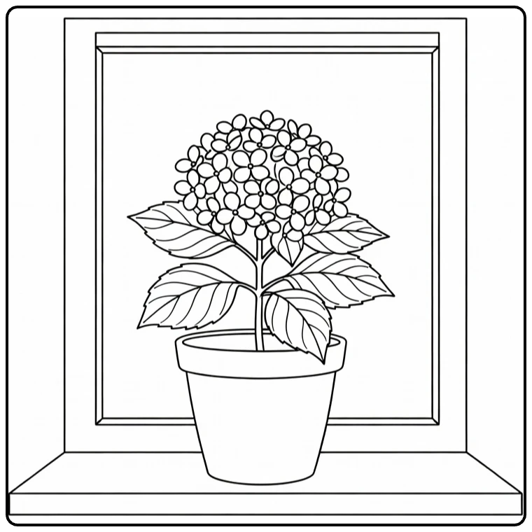 Hydrangea coloring page showing a potted plant on a windowsill