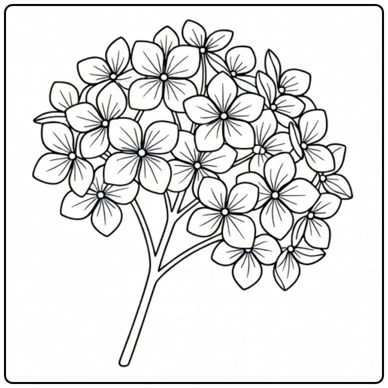 Hydrangea coloring page showing a flower branch over a greeting card