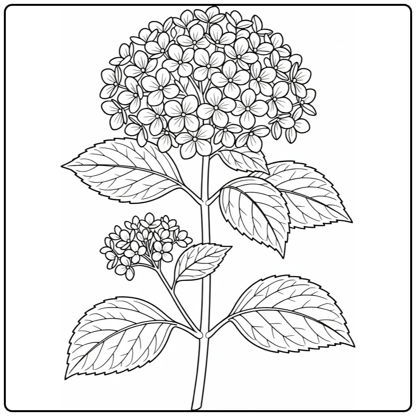 Hydrangea coloring page featuring a stem, flower clusters, and leaves