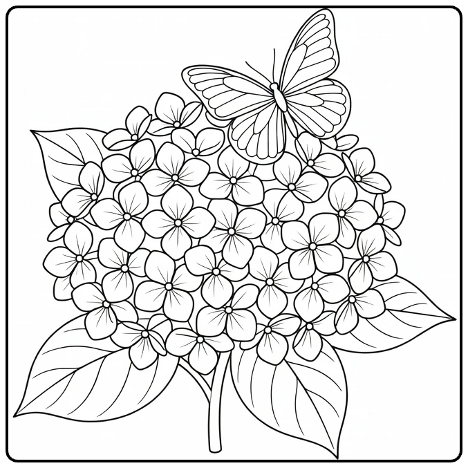 Hydrangea coloring page featuring a butterfly on a flower cluster