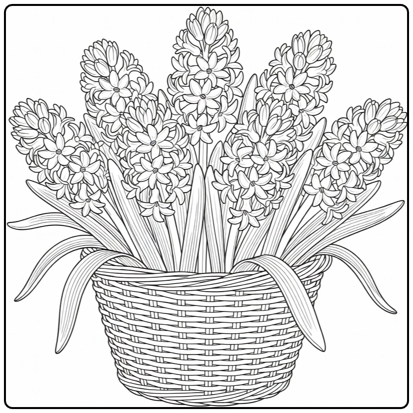 Hyacinth coloring page showing a decorative basket full of flowers