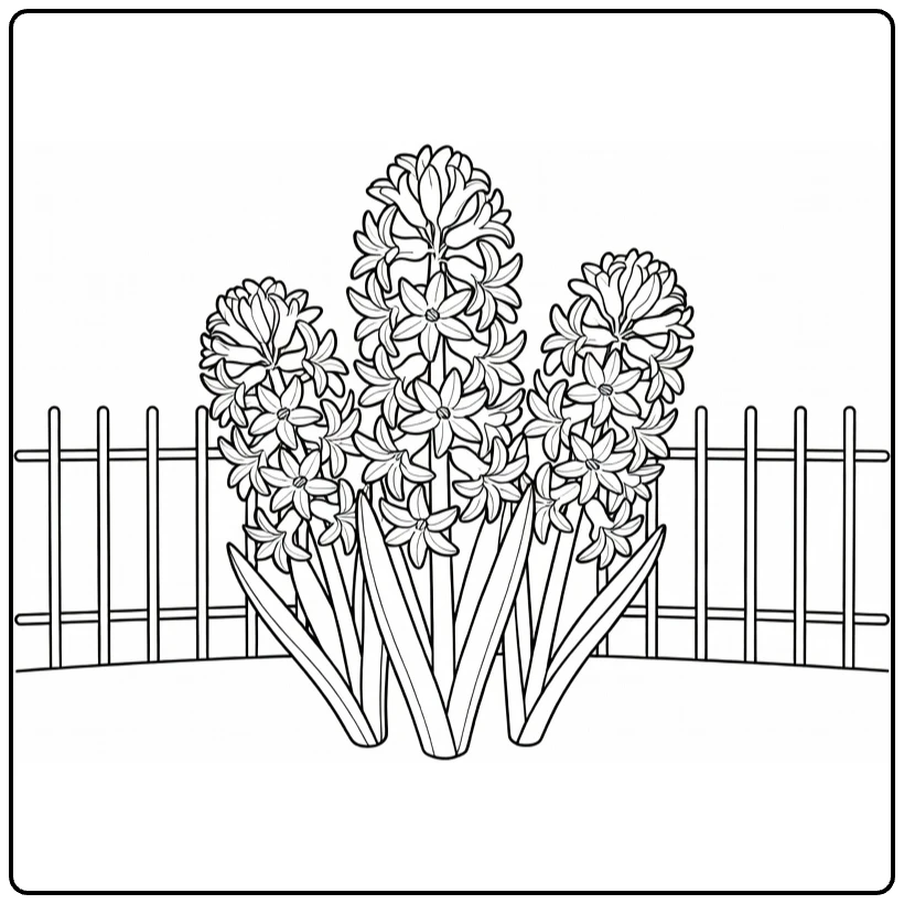 Garden coloring page showing three hyacinths blooming beside a fence