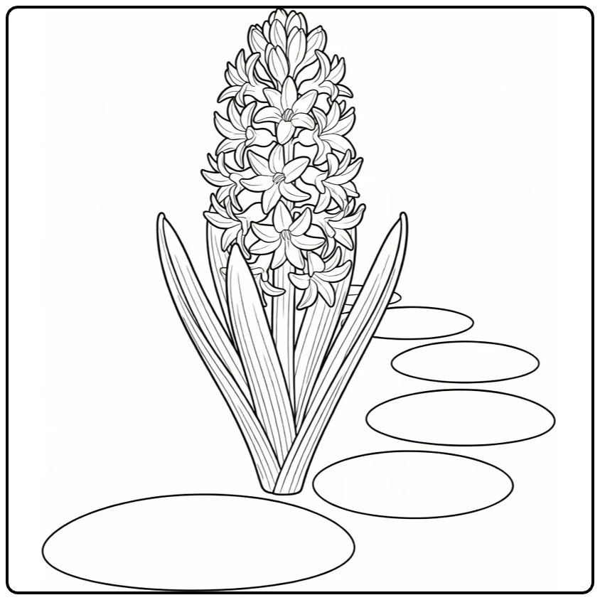Hyacinth coloring page featuring a plant beside round stepping stones