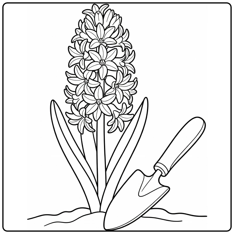 Gardening coloring page with a hyacinth flower and hand trowel