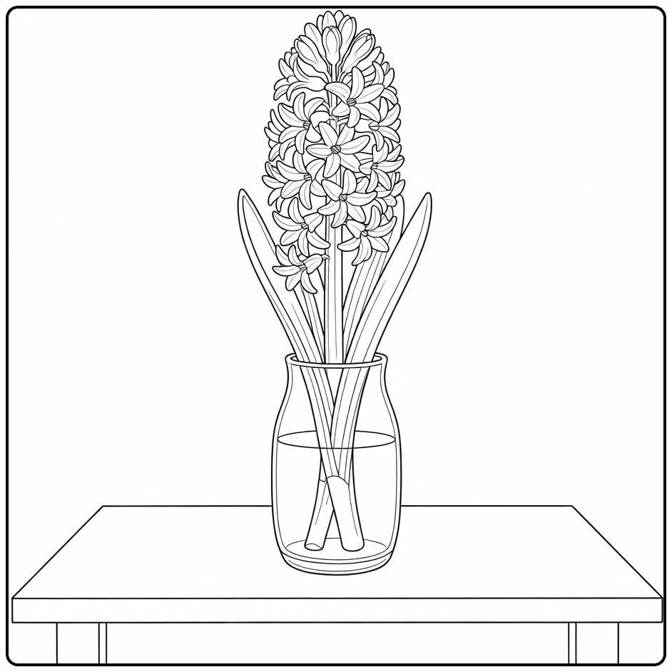 Hyacinth coloring page showing one blooming stem in a glass vase