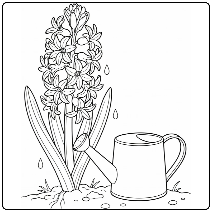 Spring coloring page featuring a hyacinth flower next to a watering can