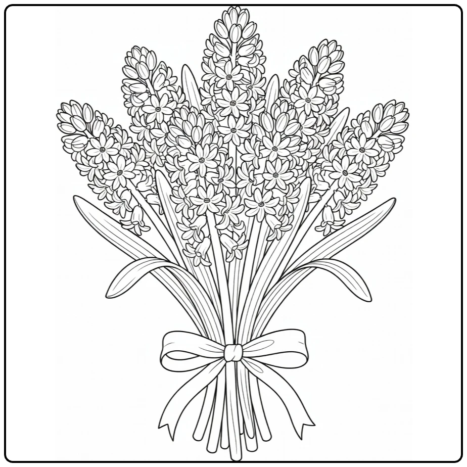 Hyacinth coloring page with a full spring bouquet tied by a ribbon