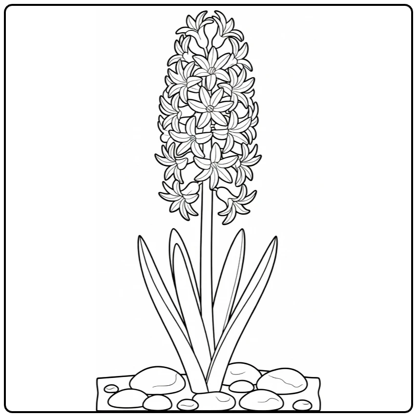 Hyacinth coloring page featuring a tall bloom in a stone-edged garden bed