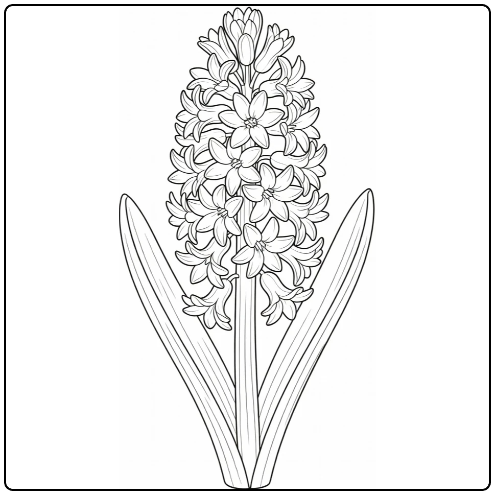 Botanical hyacinth coloring page with clustered flowers and long leaves