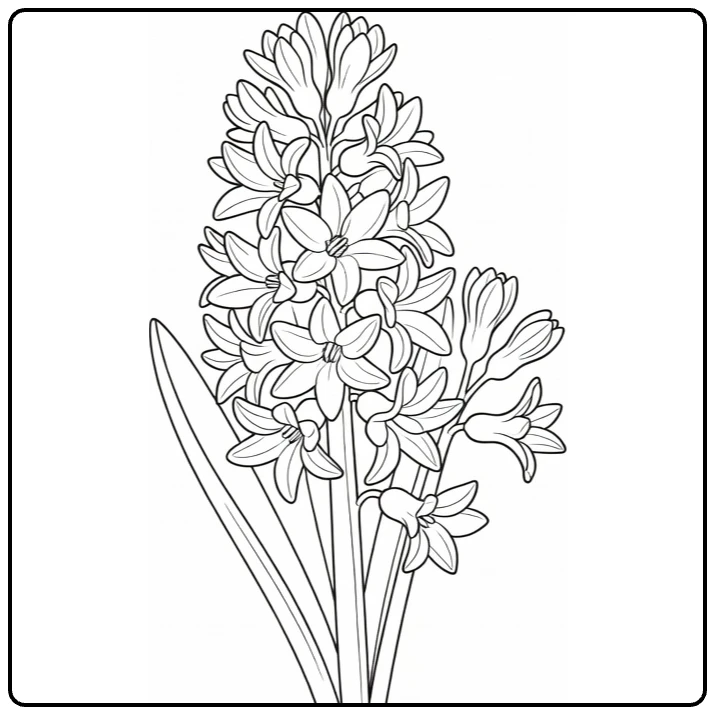 Spring hyacinth coloring page featuring one full flower and several buds