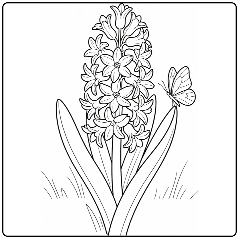 Cheerful hyacinth coloring page with a butterfly beside the flower