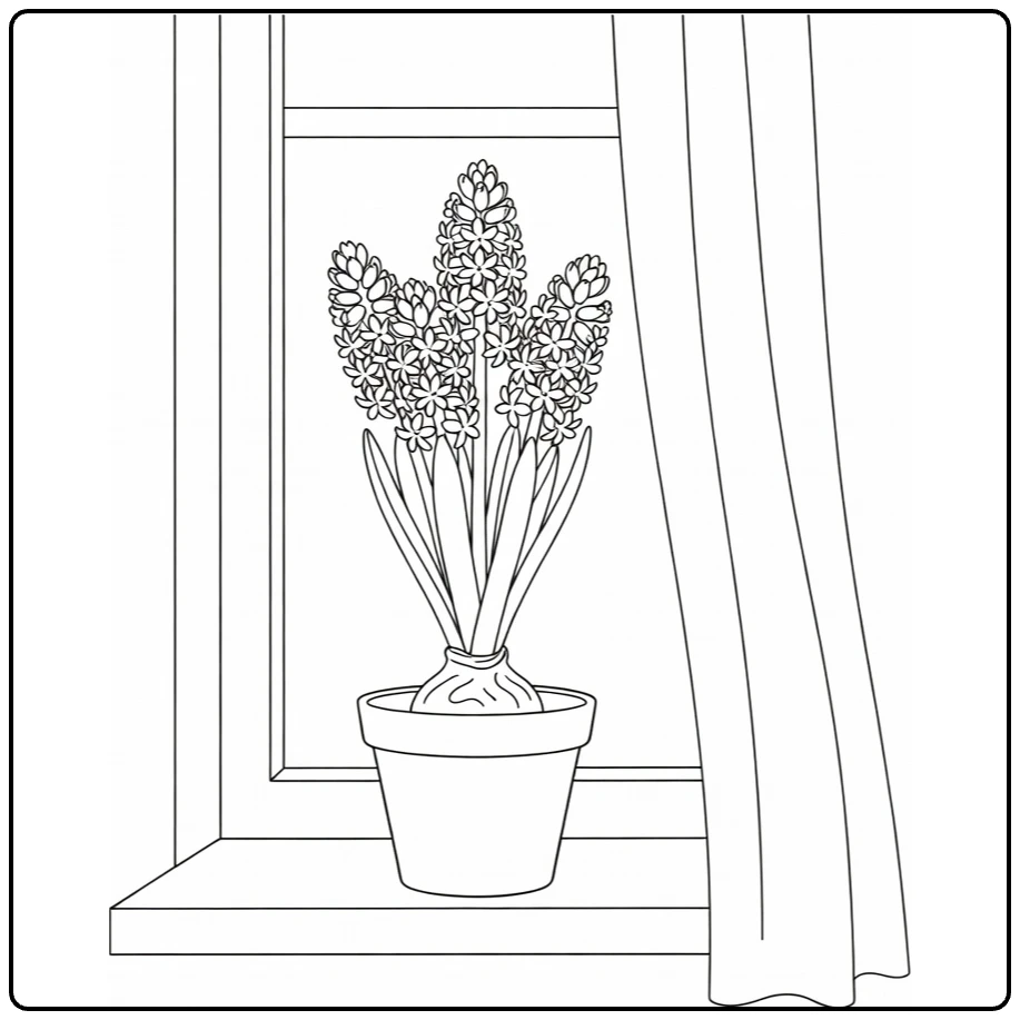 Cozy coloring page of hyacinths in a pot on a windowsill