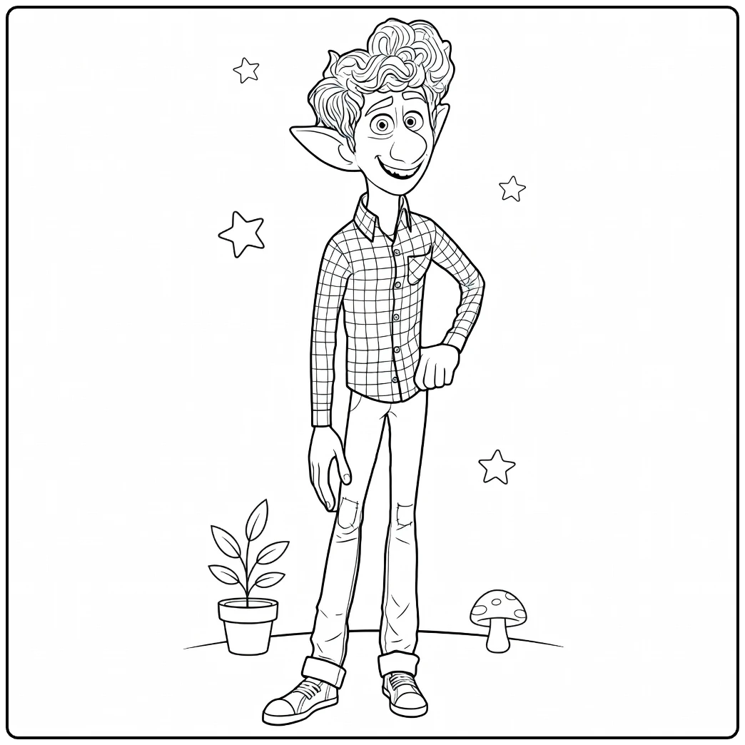 Ian Lightfoot coloring page with the young elf surrounded by stars