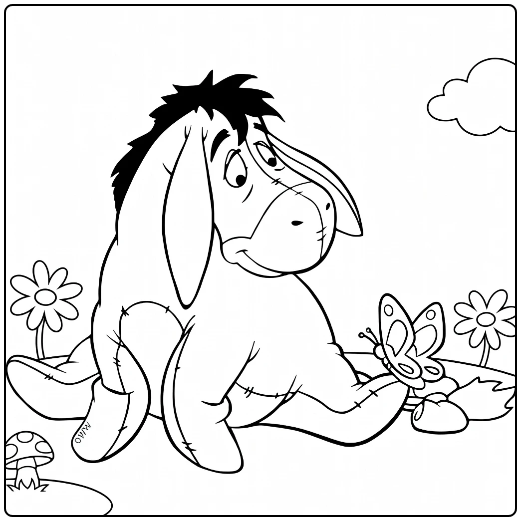 iejoor coloring page zittend with paddenstoel and madeliefjes