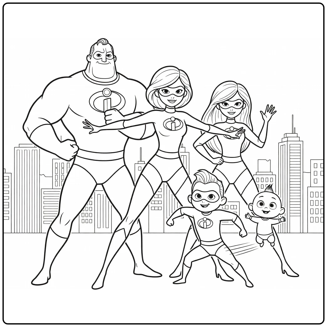 incredibles 2 Superhelden Groeps Pose coloring page