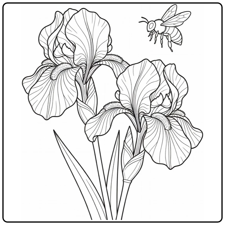 Iris coloring page featuring a bee near two flowers