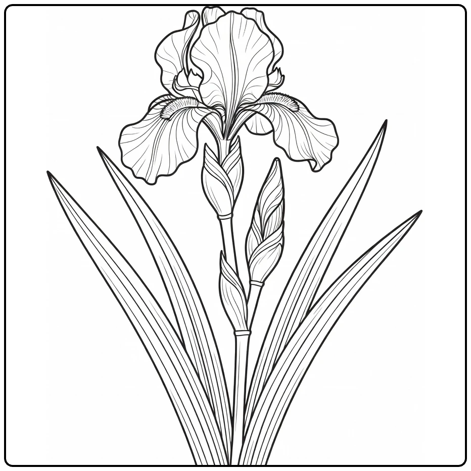 Iris coloring page featuring a flower, bud, and leaves