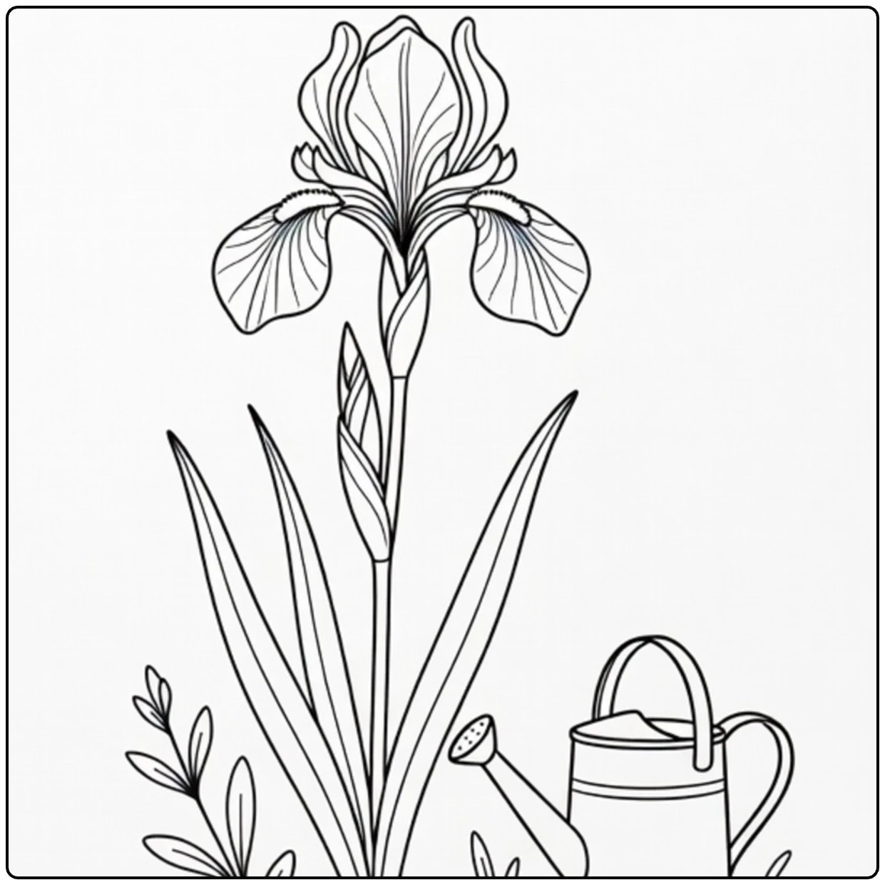 Iris coloring page featuring a flower and watering can